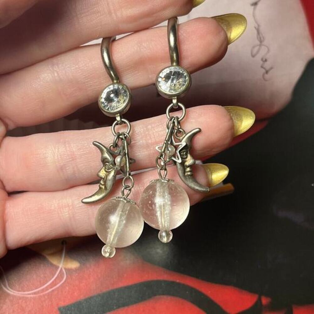 Vintage 90s Moon and Star Silver and Clear Orb Bead Boho Dangle Earrings